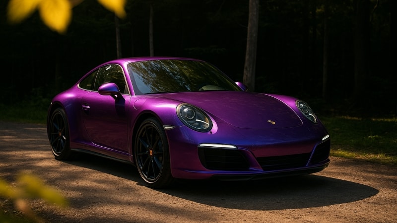 A Porche wrapped in purple vinyl wrap