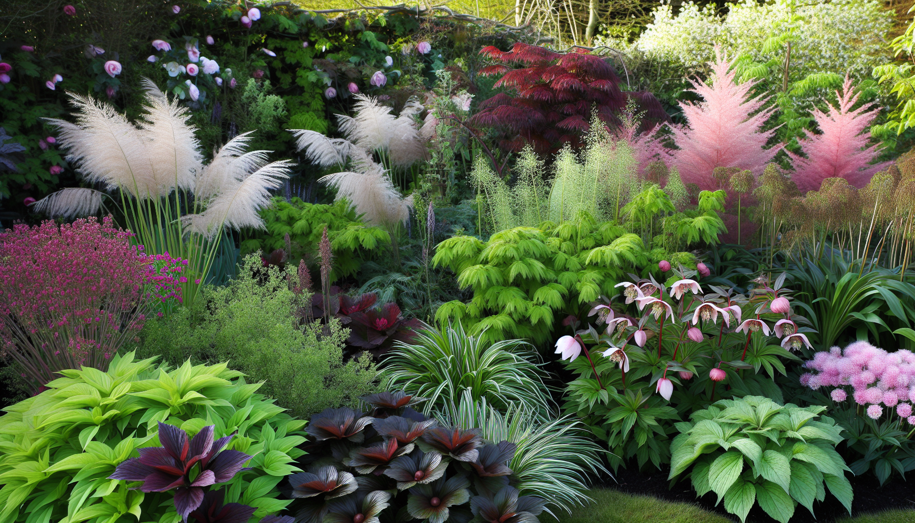 A variety of colorful deer-resistant perennials including Astilbe, Hellebore, and Peony