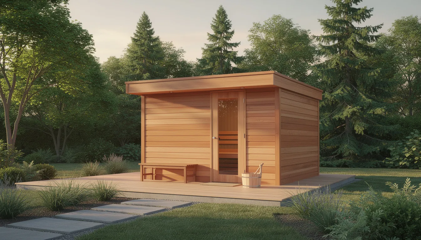 An outdoor cedar sauna is nestled in a serene backyard setting, surrounded by lush trees, providing a perfect space for relaxation and wellness. The sauna features a traditional design with excellent airflow and proper ventilation, ensuring an enjoyable sauna session while promoting health and preventing mold.