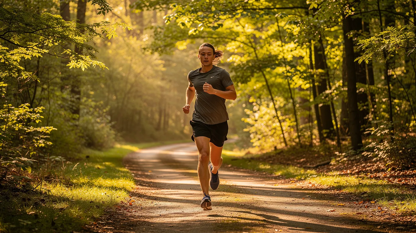 A person is exercising outdoors on a running trail, surrounded by lush trees, engaging in aerobic exercise that boosts their cardiorespiratory fitness and promotes heart health. This high-intensity interval training enhances their lung capacity and overall fitness level, contributing to a lower risk of cardiovascular disease.