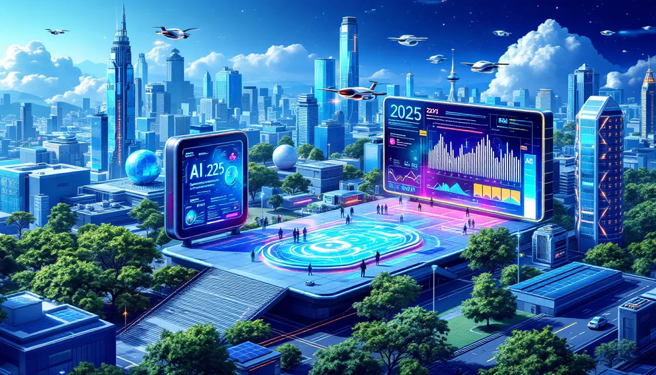 The image depicts a futuristic landscape showcasing various emerging technologies, including autonomous systems, artificial intelligence, and quantum computing, symbolizing the next frontier in innovation for 2025. Business leaders and professionals are engaged in discussions about technology trends and innovative solutions that could solve complex problems and enhance efficiency across industries.