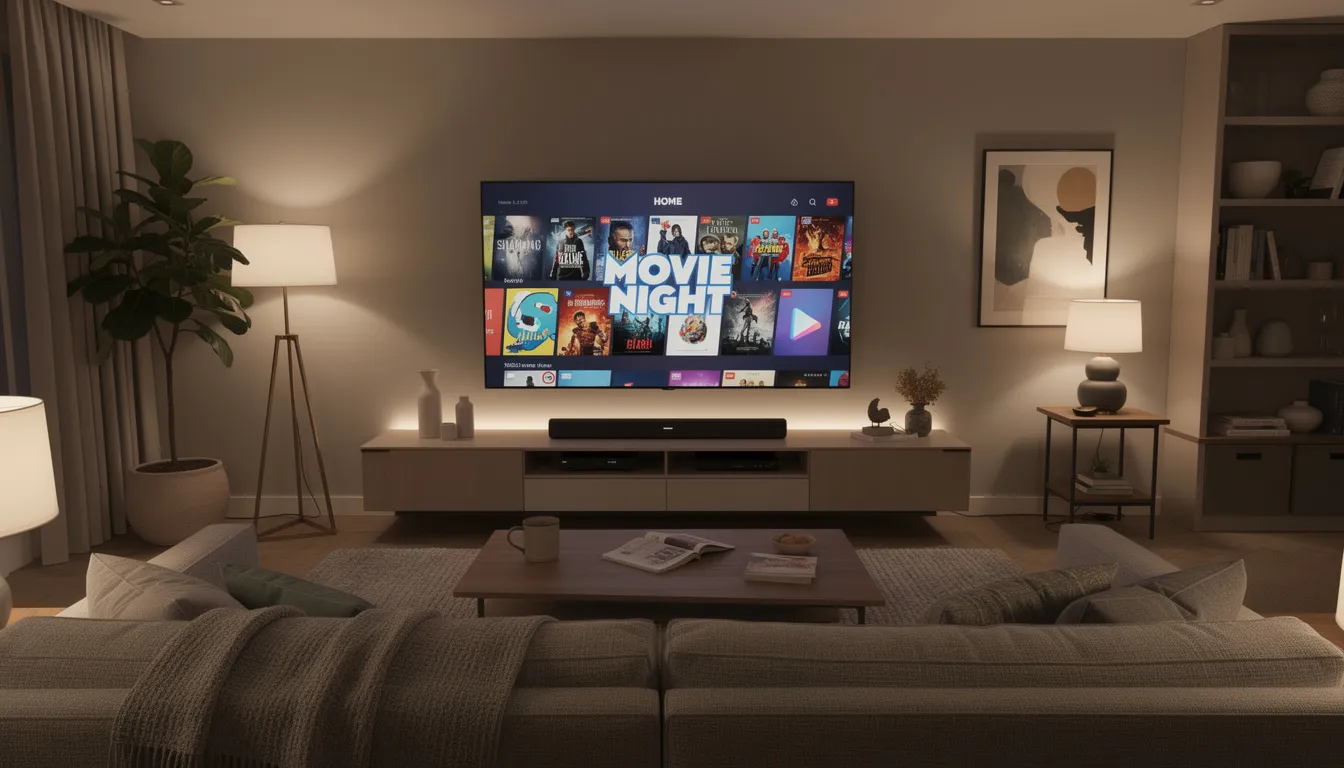 The image depicts a cozy living room featuring a large television that showcases various entertainment content, creating an inviting atmosphere for relaxation and enjoyment. This setting highlights the importance of quality service and optimal signal reception for an enhanced viewing experience, relevant for those considering dstv installation services in Diep River.