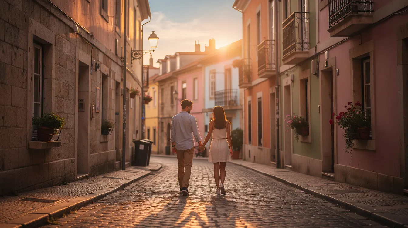 A couple strolls hand in hand down a charming cobblestone street in a European city, bathed in the warm glow of sunset, creating a romantic atmosphere perfect for multi city travel. This picturesque scene captures the essence of exploring beautiful destinations together, making it an ideal moment for travelers planning their next getaway.