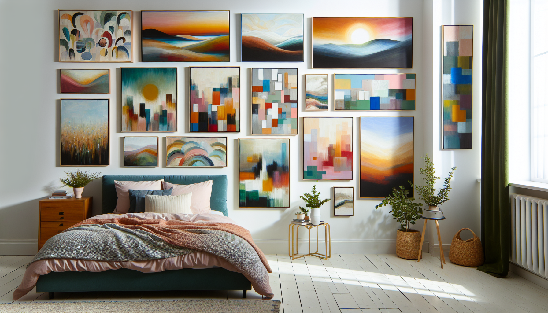 Various abstract and landscape paintings for bedroom wall art