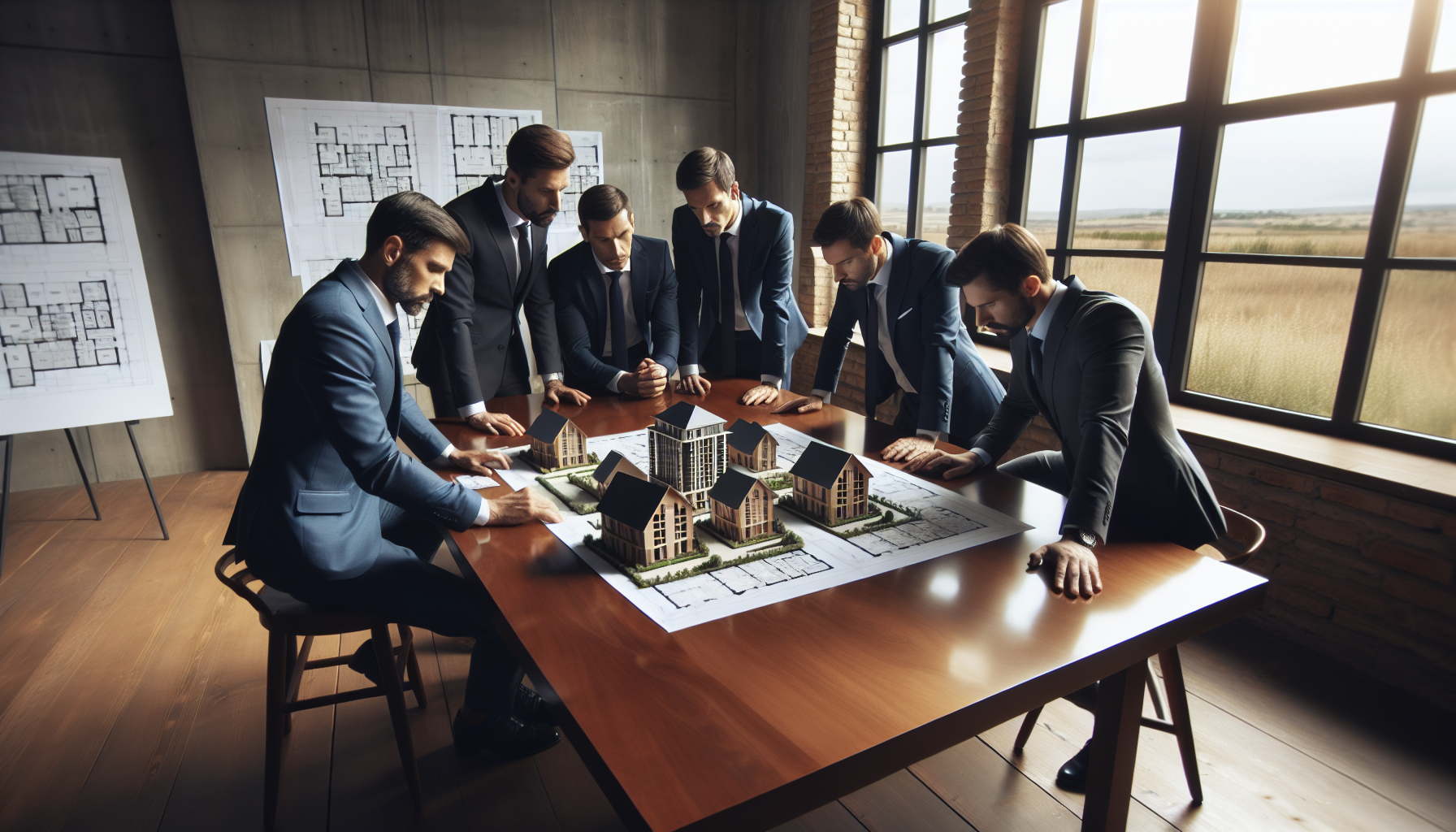 An illustration of a negotiation table with real estate professionals and wholesalers