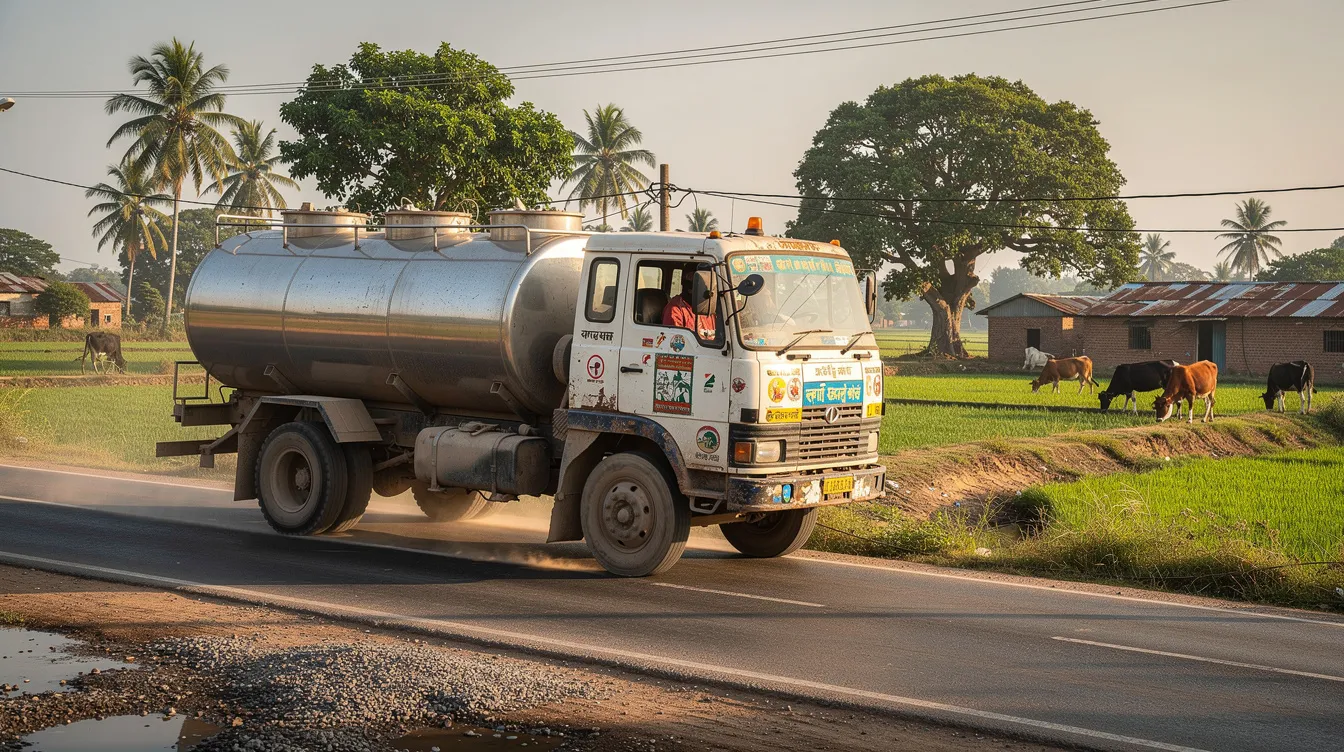 An insulated stainless steel milk tanker truck is driving along a rural Indian road, transporting raw milk collected from local farmers. This vehicle is part of the dairy plant milk collection infrastructure, ensuring the quality and freshness of the milk as it heads towards processing facilities.