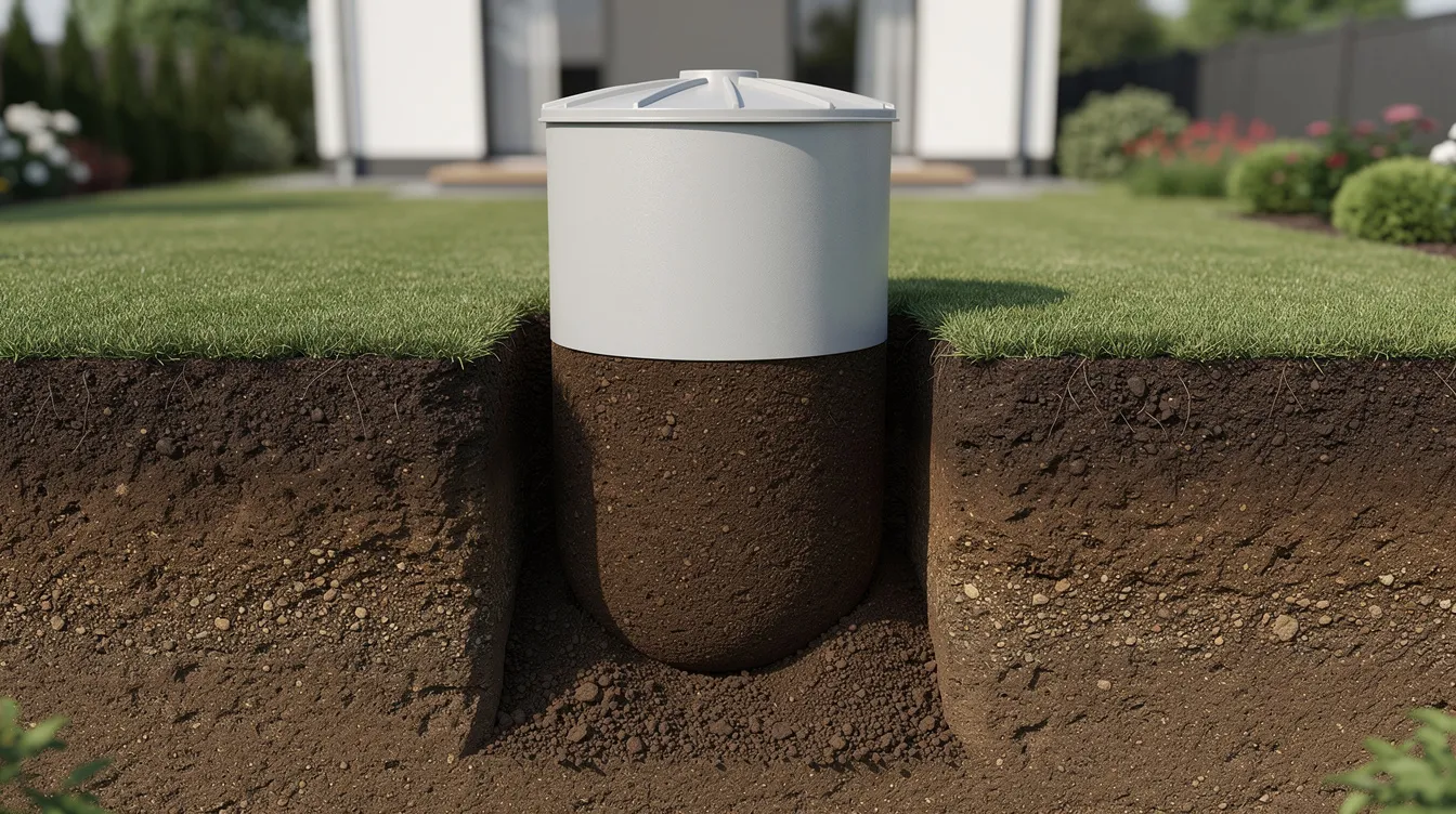 Une cuve cylindrique en polyéthylène est partiellement enterrée dans un jardin résidentiel, entourée de terre fraîche, illustrant une installation de système d'assainissement moderne. Cet équipement est essentiel pour le traitement des eaux usées, offrant une alternative à la fosse septique traditionnelle.