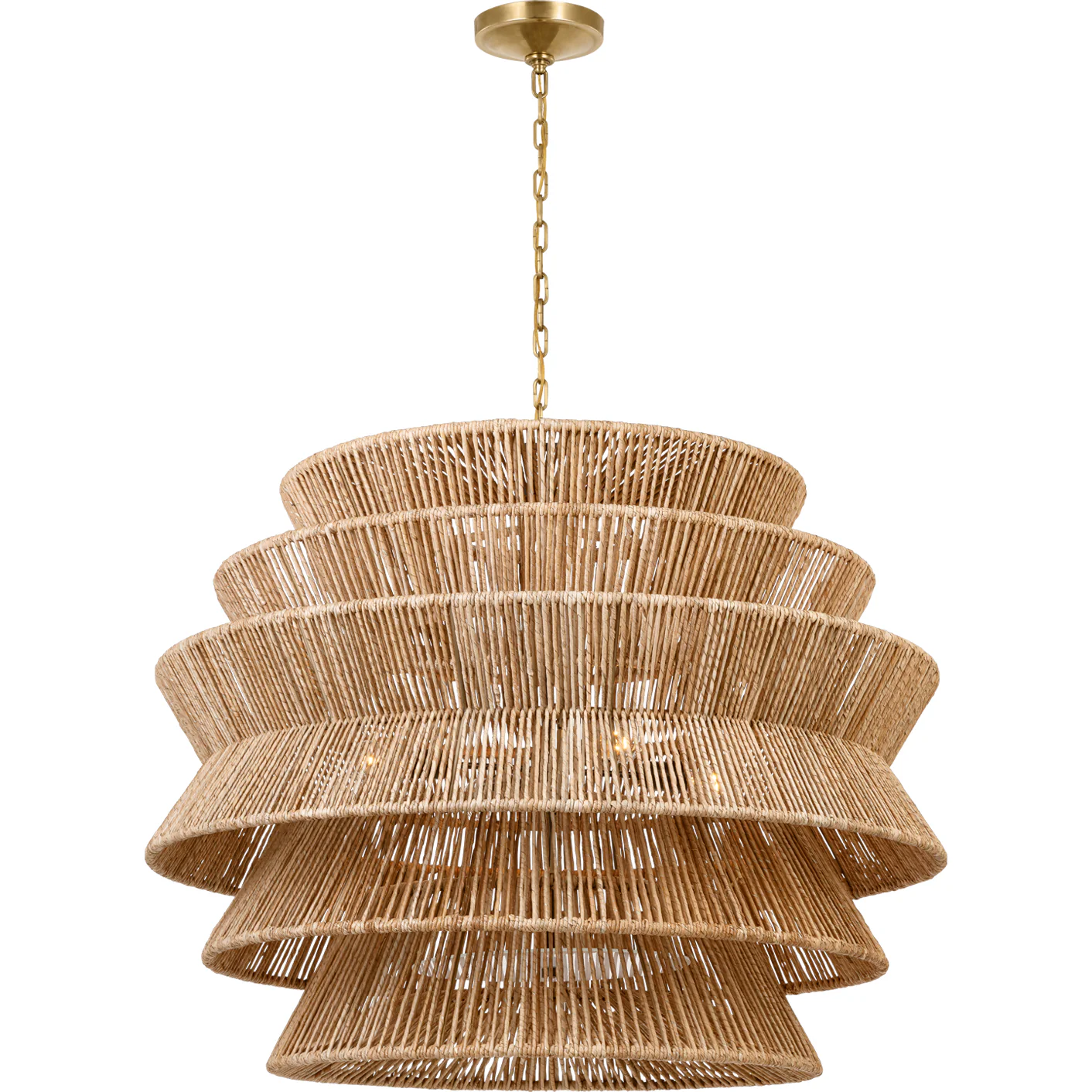 Visual Comfort Antigua XL Drum Chandelier with natural abaca weave and antique burnished brass accents for modern interiors.