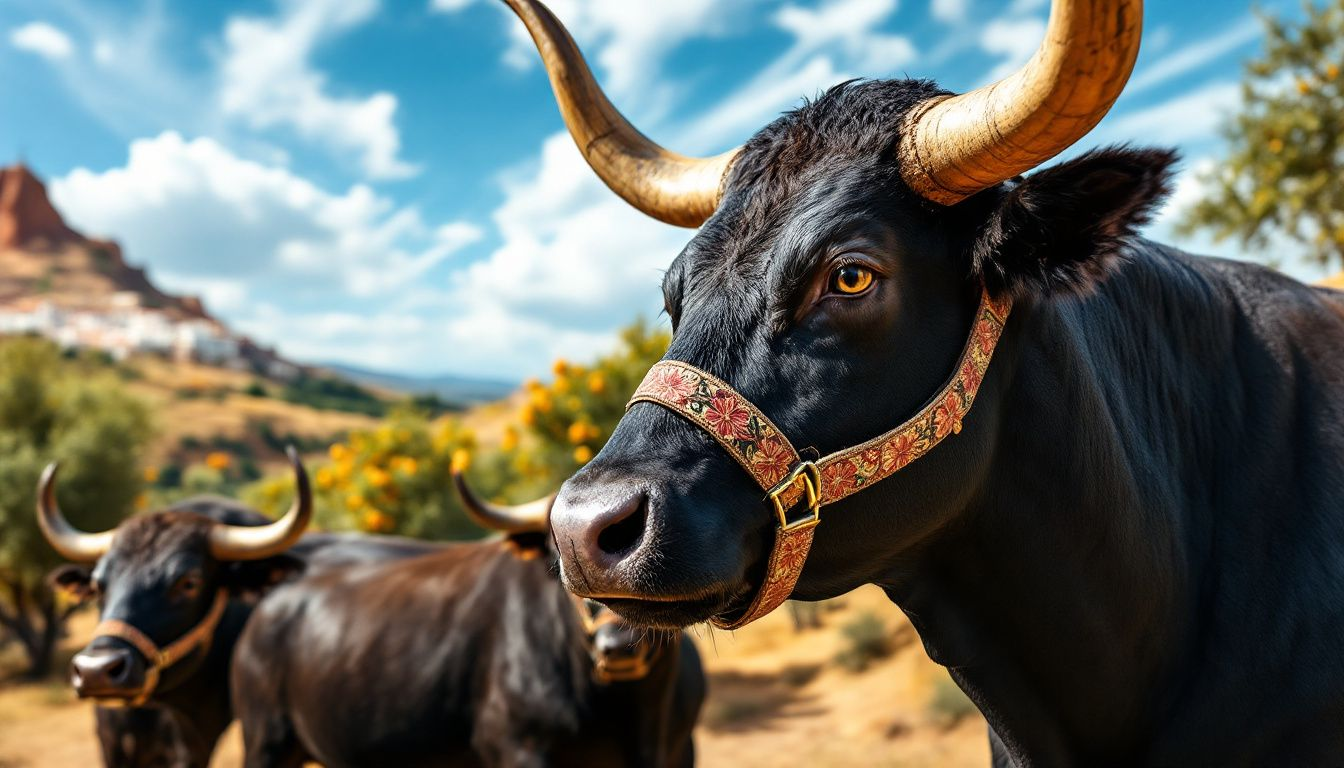 An Andalusian bull in a vibrant Spanish landscape.