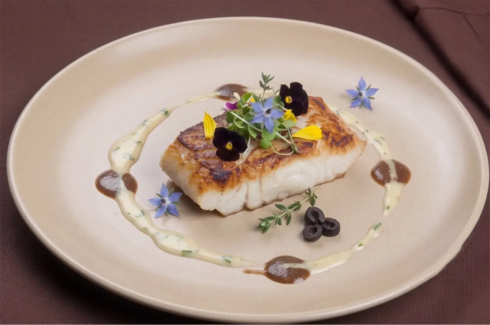 A pan-seared halibut fillet elegantly plated with a creamy herb sauce, olives, and edible flowers.