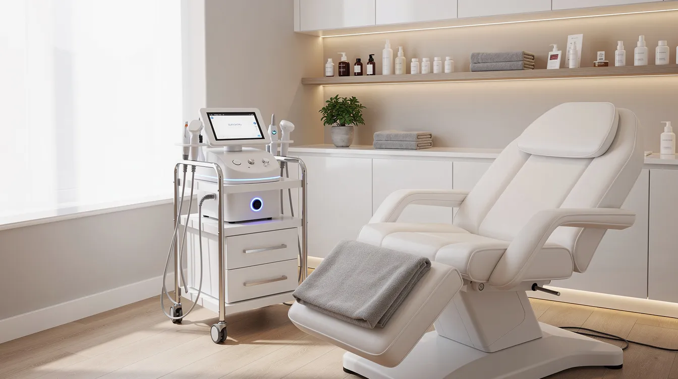 A modern aesthetic treatment room with a radiofrequency device and a comfortable treatment chair for non-surgical skin treatments around the eyes.