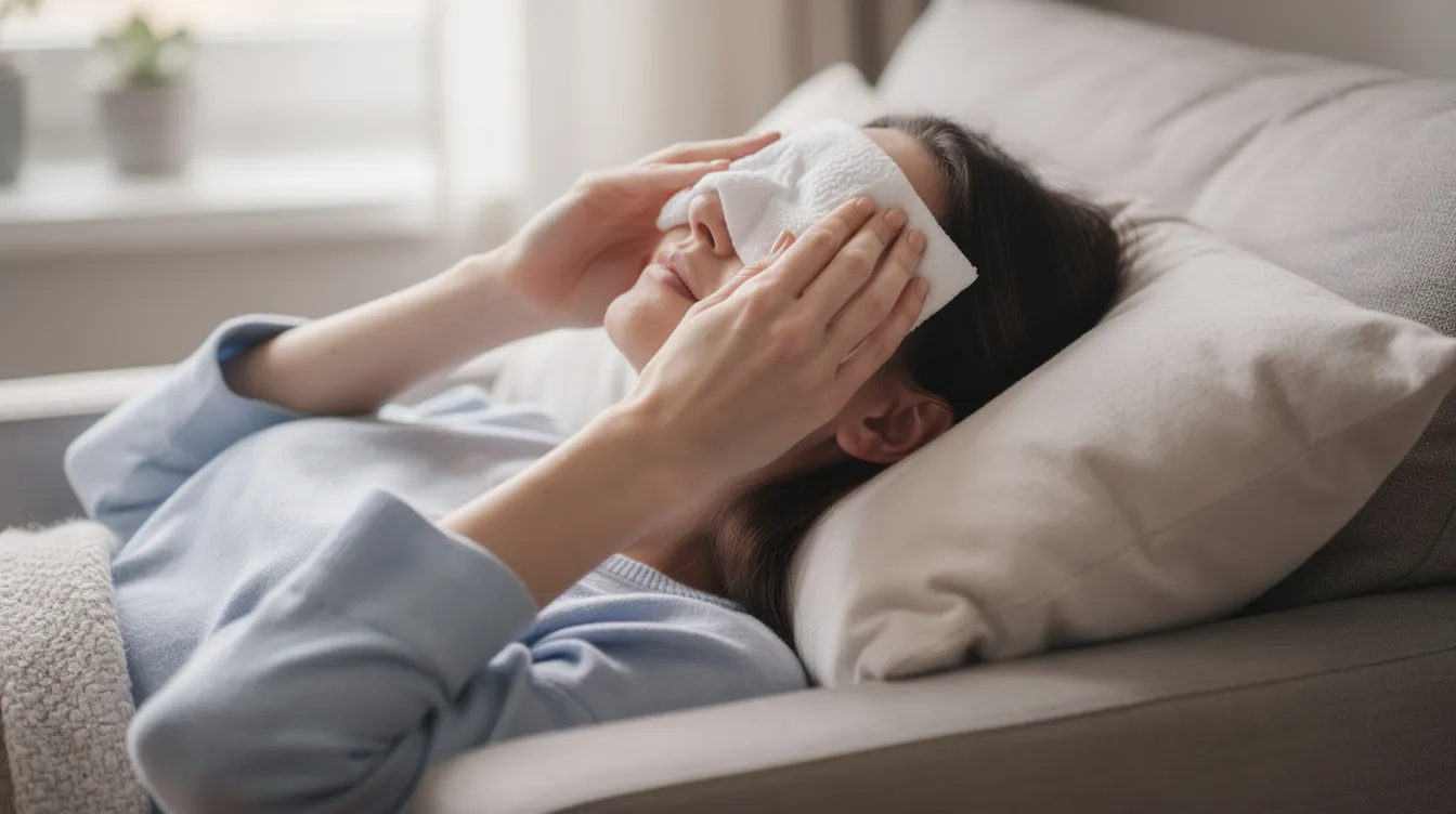 Una persona se encuentra recostada, aplicando una compresa fría sobre sus ojos para aliviar la hinchazón y las bolsas debajo de los ojos. Esta técnica es un tratamiento común para mejorar la apariencia de la piel y reducir la fatiga en la mirada.
