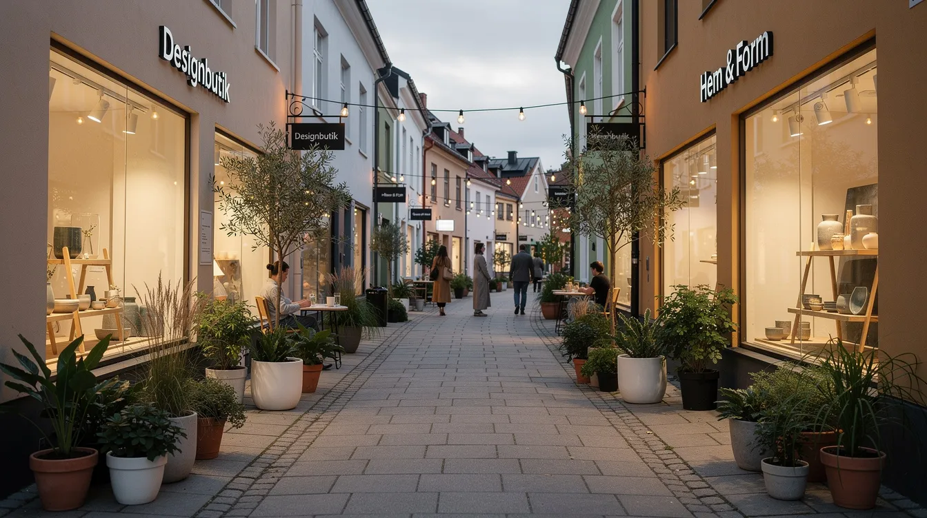 En mysig stadsgata i Göteborg, med designbutiker och gröna växter som pryder skyltfönstren i skandinavisk stil. Denna gata, som kan vara Haga Nygata eller Vallgatan, erbjuder en inbjudande atmosfär för den som söker inspiration till inredning och unika möbler.