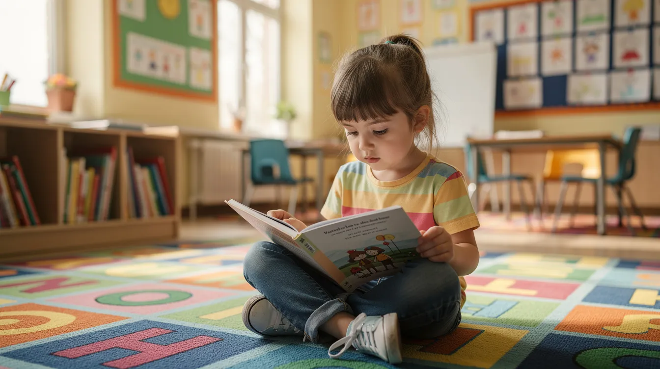 A young child is deeply focused on reading a book while sitting on a vibrant, colourful carpet in a primary school classroom. This scene highlights the importance of early intervention programmes in fostering foundational academic skills and supporting children with various learning difficulties.