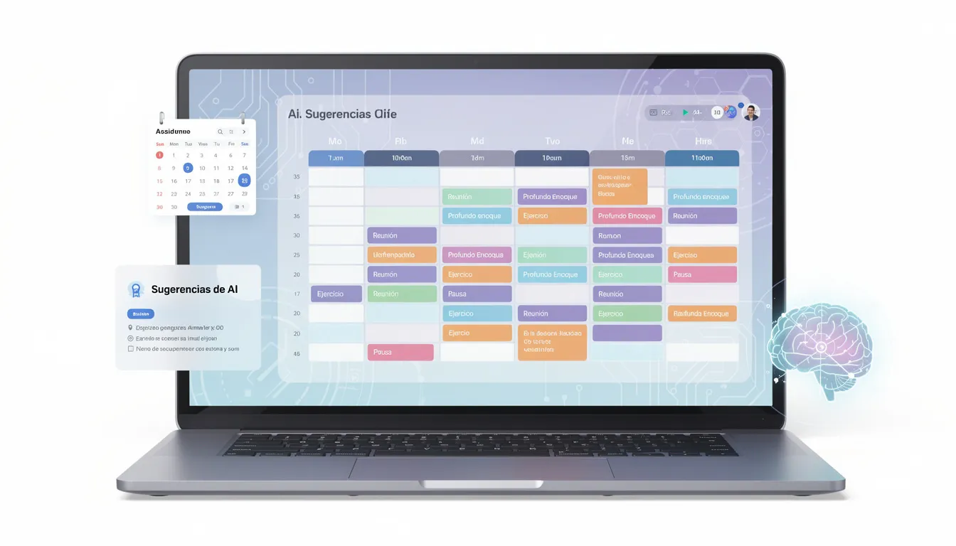 Visualización de un calendario optimizado por IA que muestra bloques de tiempo organizados eficientemente para la gestión del tiempo y tareas, facilitando la programación de reuniones y el seguimiento de proyectos. Esta herramienta de inteligencia artificial ayuda a maximizar la productividad y minimizar los tiempos muertos en la agenda.