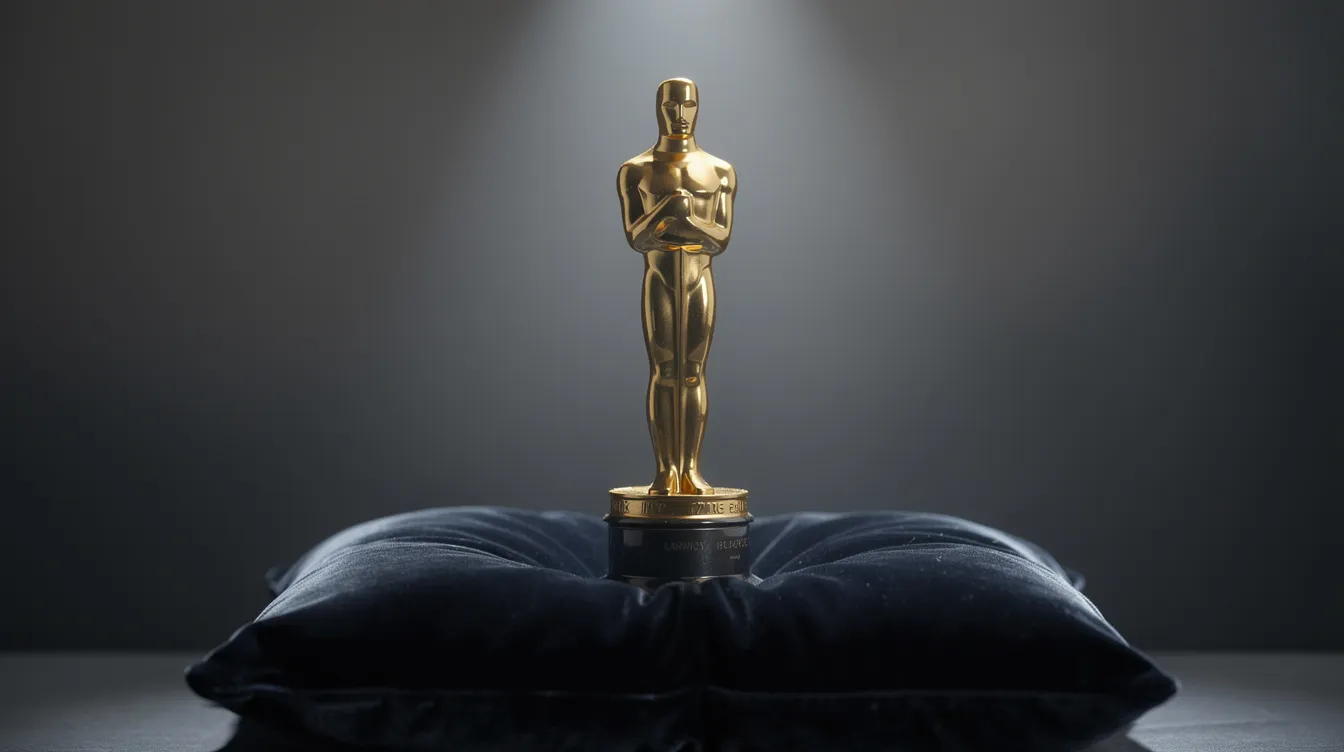 Die goldene Oscarstatue steht majestätisch auf einem dunklen Samtkissen, während ein einzelner Spot sie dramatisch beleuchtet. Der elegante Hintergrund verstärkt die Atmosphäre des Ruhms und des Erfolgs, die mit der Filmgeschichte und den Meisterwerken wie "All About Eve" verbunden sind.
