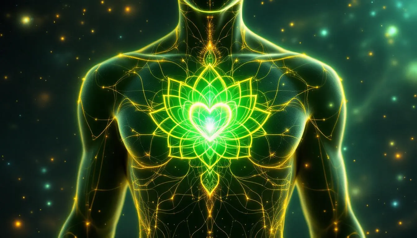 The image depicts a vibrant heart chakra symbol, representing the center of love and compassion located in the chest. Surrounding it are various healing crystals like rose quartz and green aventurine, known for their emotional healing properties and ability to enhance spiritual awareness, fostering a sense of inner peace and emotional balance.