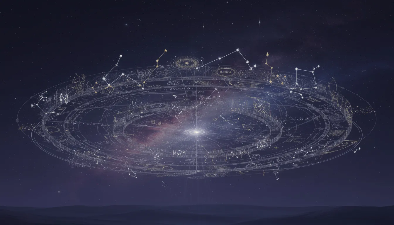 An abstract celestial wheel featuring stars and constellations spins against a deep night sky, symbolizing the interconnectedness of human beings and their dreams. This artistic representation evokes a sense of wonder about our place in the universe and the shared vision of life that binds us together.