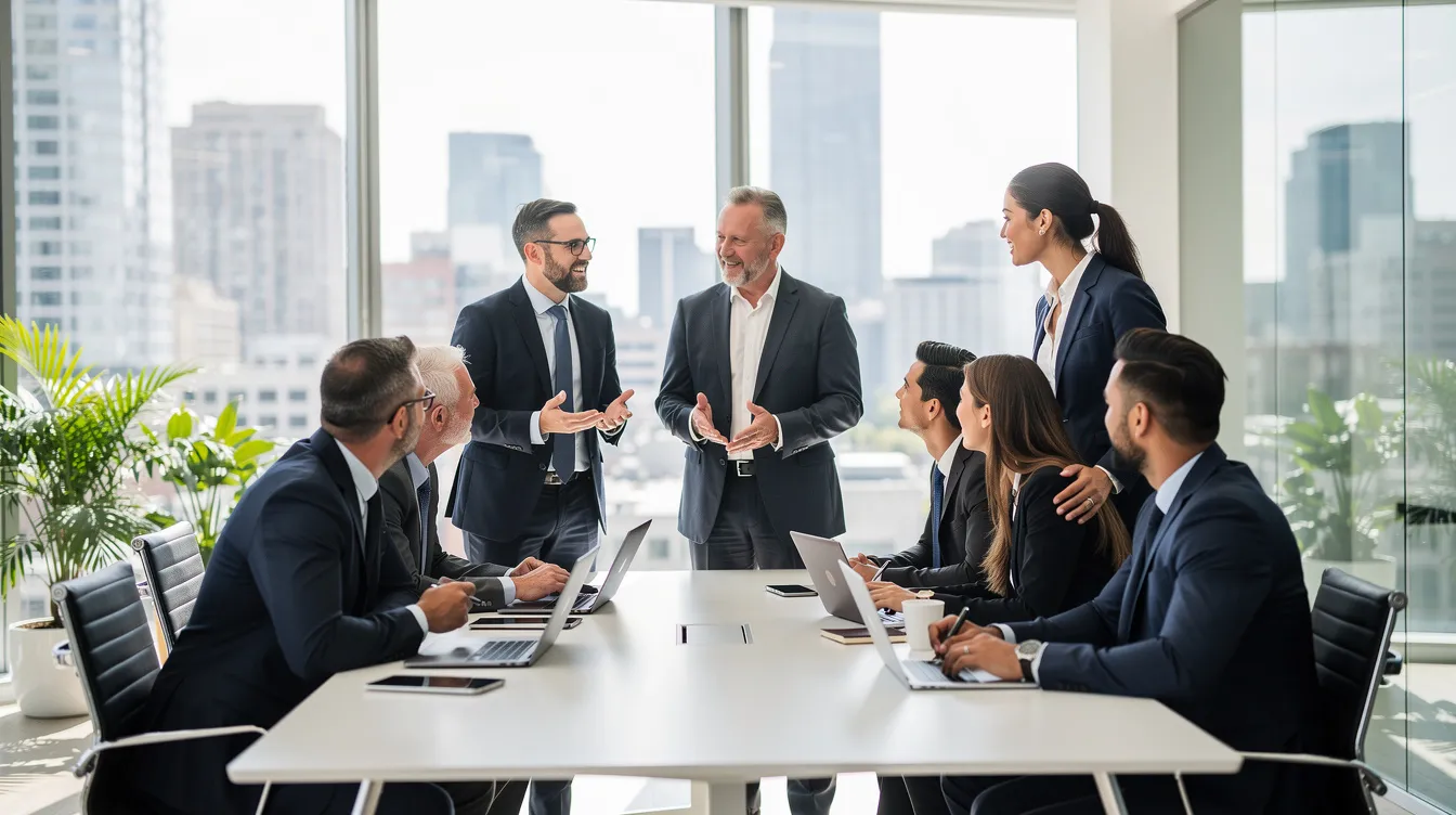 A diverse group of business professionals is engaged in a lively discussion in a modern office setting, showcasing effective leadership skills and the importance of coaching practices for personal growth and organizational development. Their interaction reflects a positive work environment where collaboration and communication are key to achieving success.