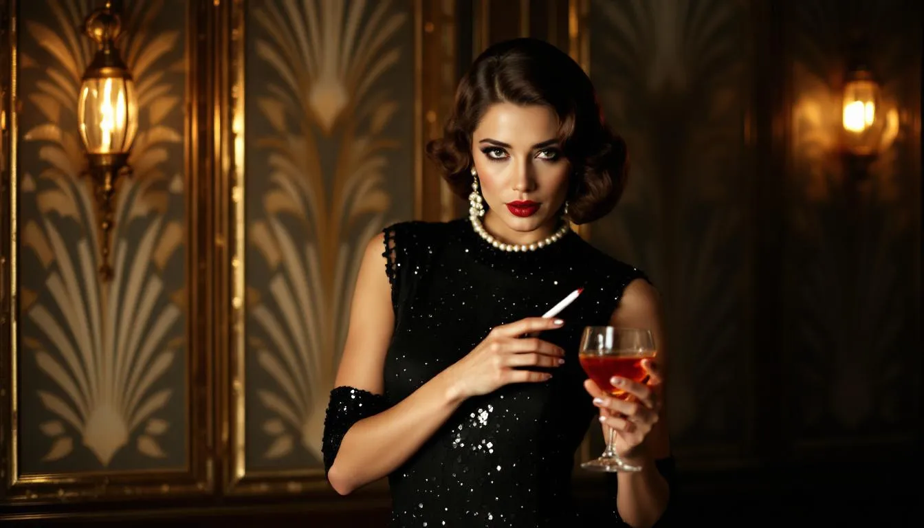 In this image, a stylish dining room showcases Art Deco glamour from the 1920s–1930s, featuring vintage paintings and ornate details that add timeless elegance to the space. The room is adorned with sleek furniture, a marble top dining table, and a gallery wall filled with vintage artwork, creating a serene atmosphere that highlights the beauty of classic design trends.