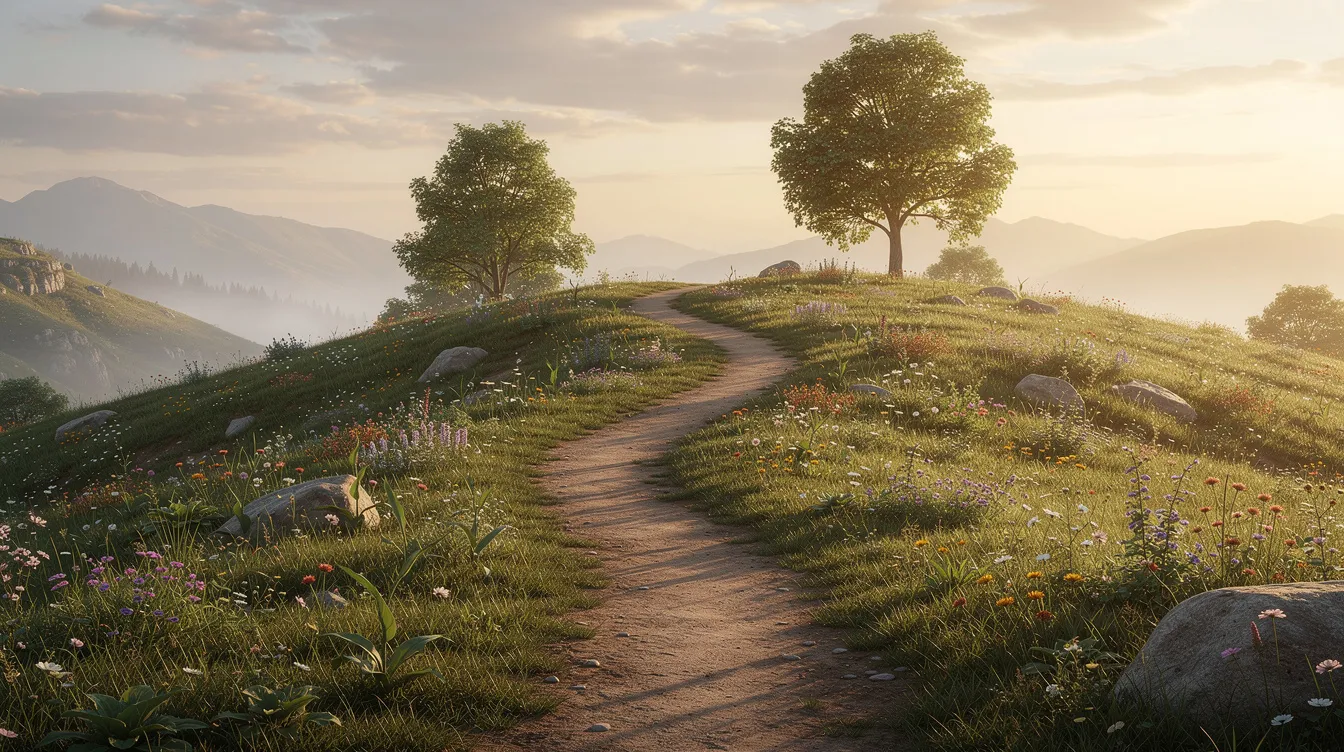 Une image représentant un chemin sinueux à travers la nature, symbolisant le parcours de progression personnelle que l'on peut vivre en tant que manager coach. Ce chemin évoque l'évolution, le développement des compétences et l'autonomie nécessaires pour devenir un manager coach efficace.