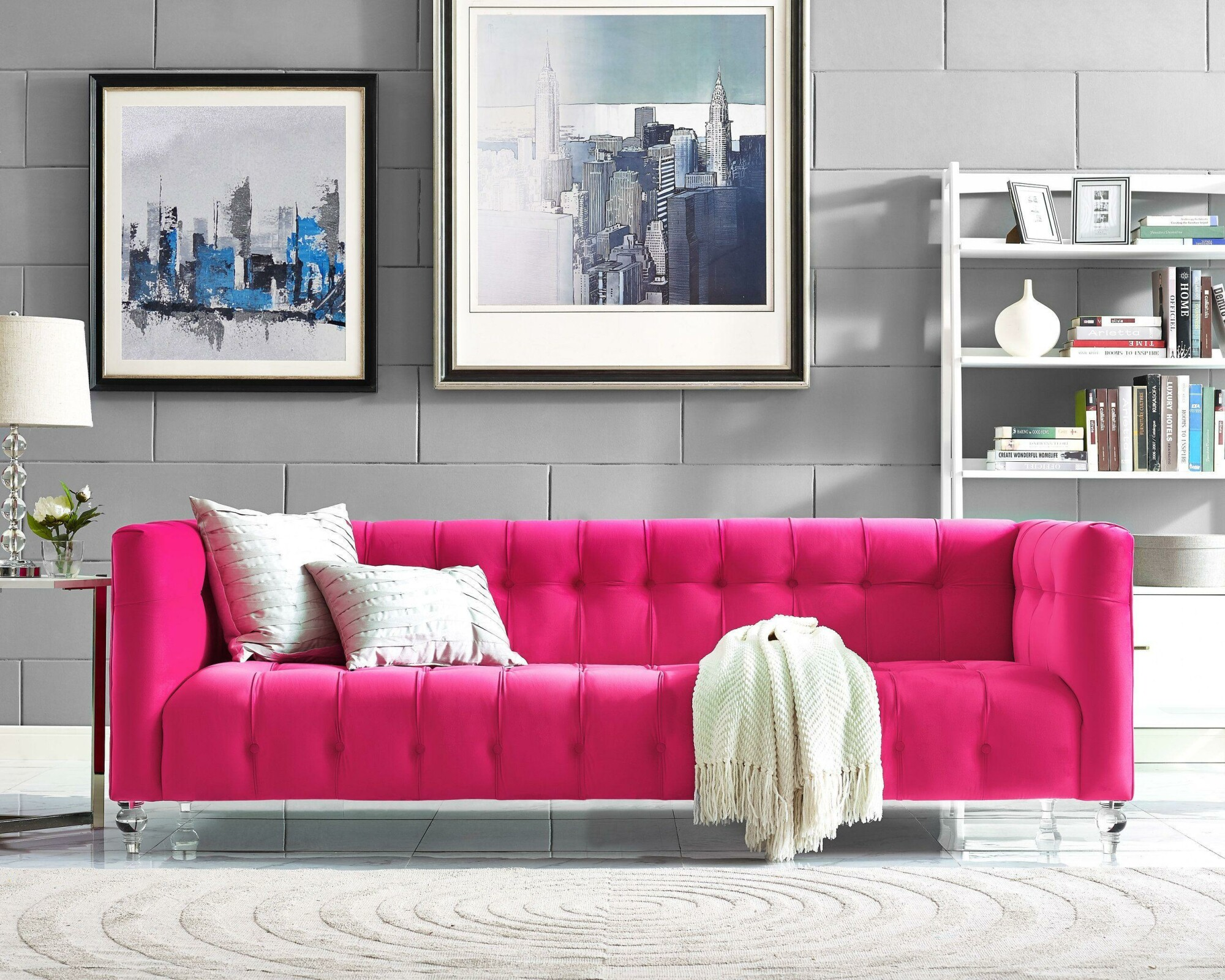 hot pink tufted sofa