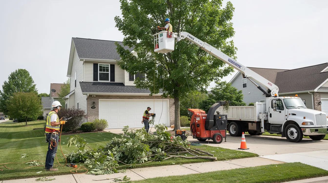 A team of certified arborists is working on tree care near a residential home, using a bucket truck to safely trim trees while ensuring the protection of nearby power lines. Their commitment to exceptional service and safety reflects their dedication to maintaining the health of the environment and supporting the community.