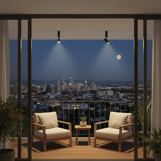 Ceiling-mounted spot light fixtures lighting up a modern balcony seating area.