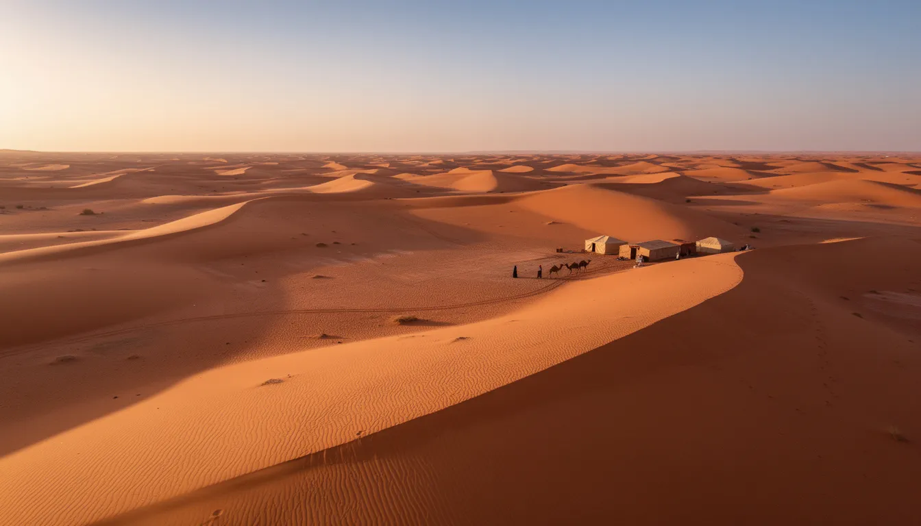 An aerial view captures the vast orange sand dunes of the Sahara Desert, stretching endlessly towards the horizon, with a small Berber camp nestled in the distance, suggesting a serene oasis amidst the arid landscape of southern Morocco. This scene highlights the unique beauty of the Moroccan Sahara, inviting exploration and adventure.