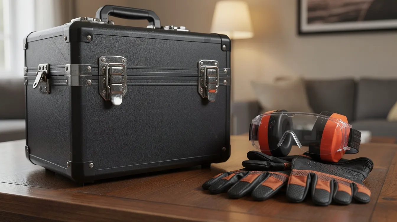 The image shows a locked hard case containing firearms alongside safety equipment, such as ear protection and safety glasses, placed on a wooden table in a home setting. This scene reflects the importance of responsible household firearm ownership and safety practices in relation to gun laws and concealed carry permits.