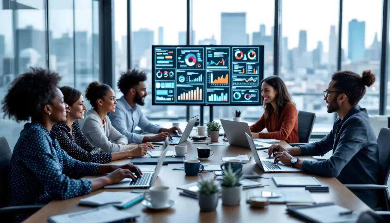 A diverse team of professionals collaborates around a conference table, engaged with laptops displaying data visualizations that highlight various data sources and query execution processes. They are discussing data virtualization techniques that enable seamless access to structured and unstructured data sources, emphasizing the importance of tools like Apache Drill and Dremio for effective data curation and analysis.