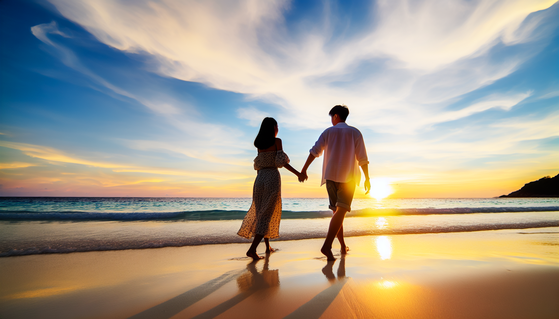Couple holding hands and walking on the beach at sunset