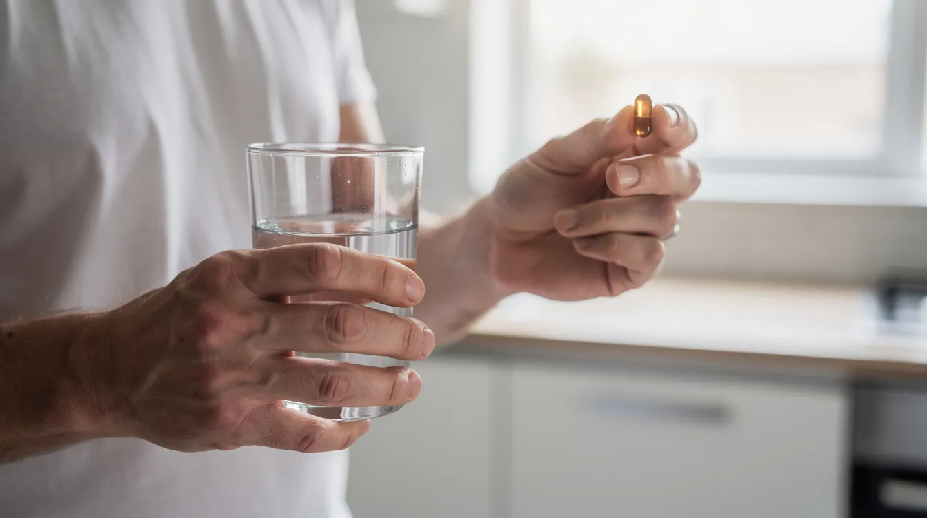 A person is seen in a kitchen setting, taking a supplement capsule with a glass of water, emphasizing a healthy lifestyle and the potential health benefits of NAD supplements for improved energy levels and cognitive function. The scene highlights the importance of maintaining optimal NAD levels for overall vitality and cellular health.