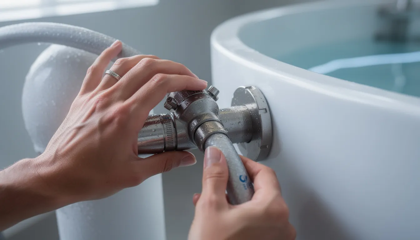 A close-up image shows hands inspecting the hose connections of a modern cold plunge tub, focusing on ensuring proper water circulation and checking for leaks. This maintenance is essential for optimal operation and the benefits of cold water immersion therapy.