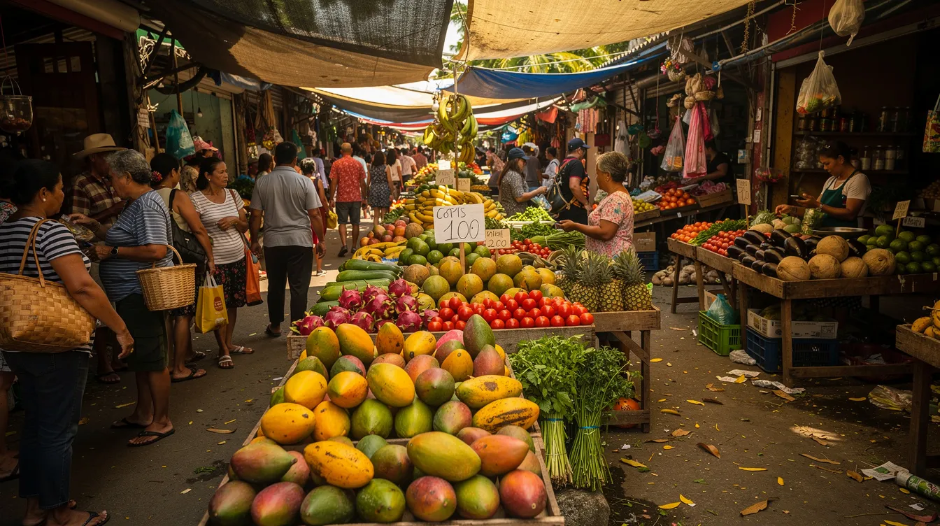 The image depicts a bustling outdoor market in Rio de Janeiro, Brazil, filled with vibrant tropical fruits and vegetables, showcasing the lively daily life and bohemian vibe of the city's south zone. Stalls are brimming with colorful produce, creating an inviting atmosphere for both locals and tourists exploring the marvelous city.
