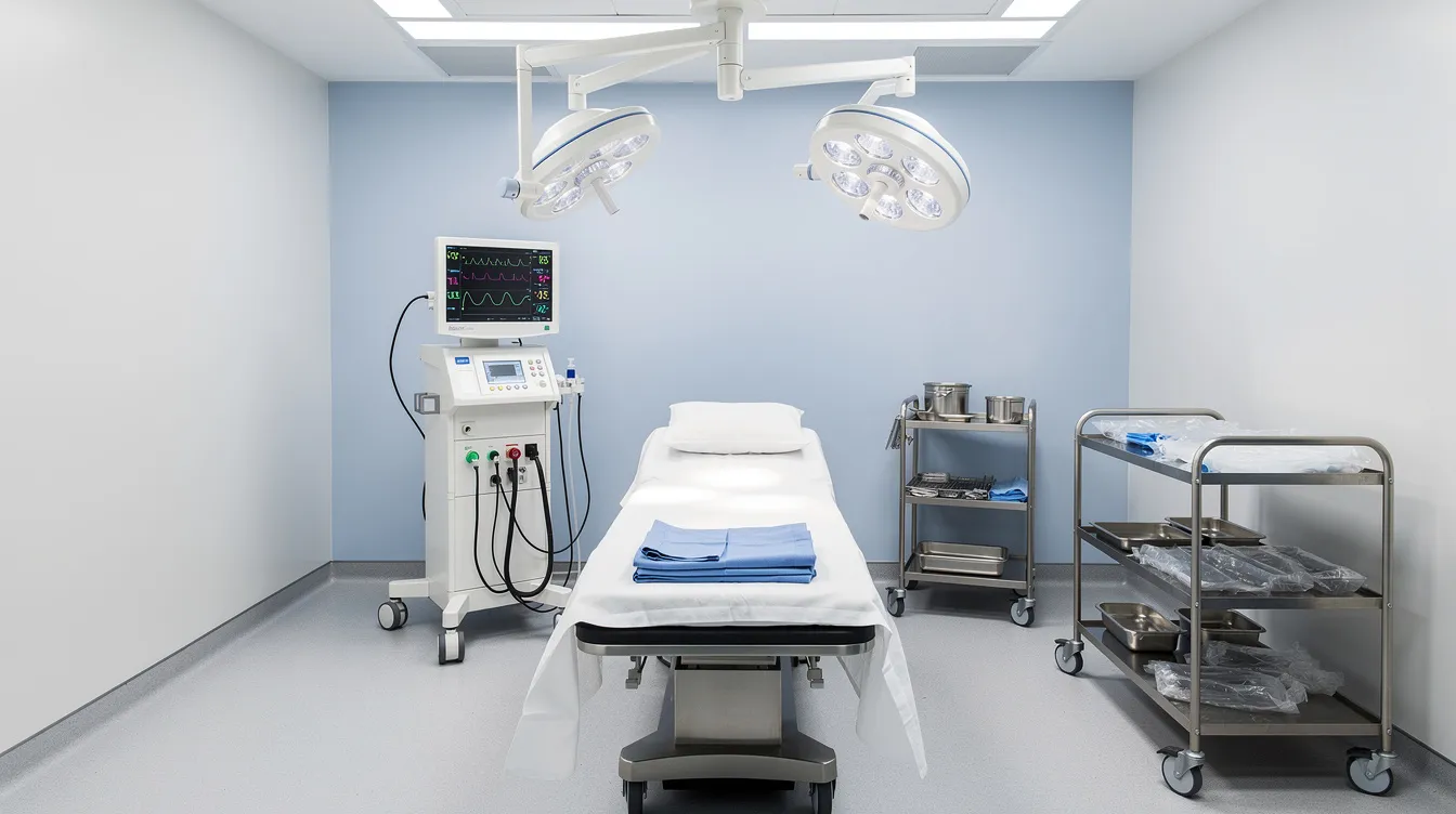 The image depicts a clean and well-lit outpatient surgical suite equipped with overhead lights and monitoring equipment, designed for procedures such as transconjunctival lower eyelid blepharoplasty. This setting is prepared for eyelid surgery, ensuring a sterile and safe environment for patients undergoing cosmetic enhancements like lower eyelid surgery.
