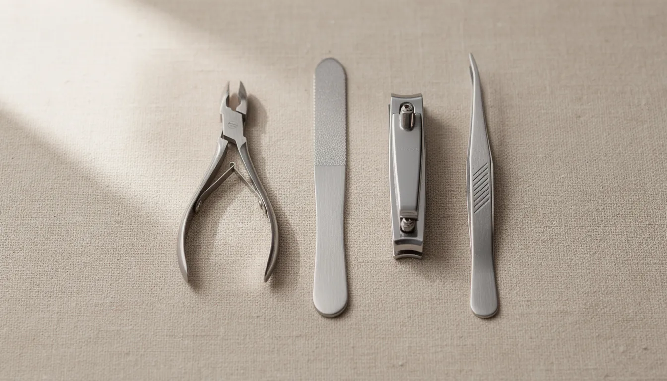 The image features a close-up view of minimal stainless steel manicure tools, elegantly arranged on a neutral linen background. These tools, designed for a plastic-free manicure experience, highlight the beauty of natural nails and promote non-toxic nail care.