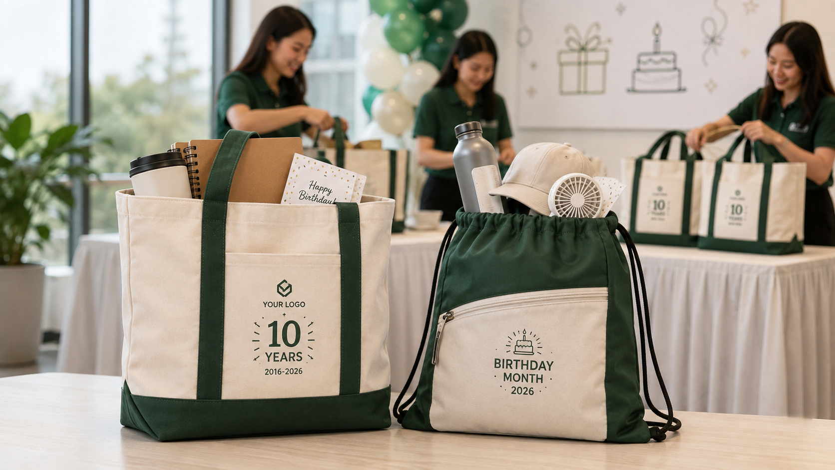 Staff packing canvas tote and drawstring bags with event gifts and birthday cards