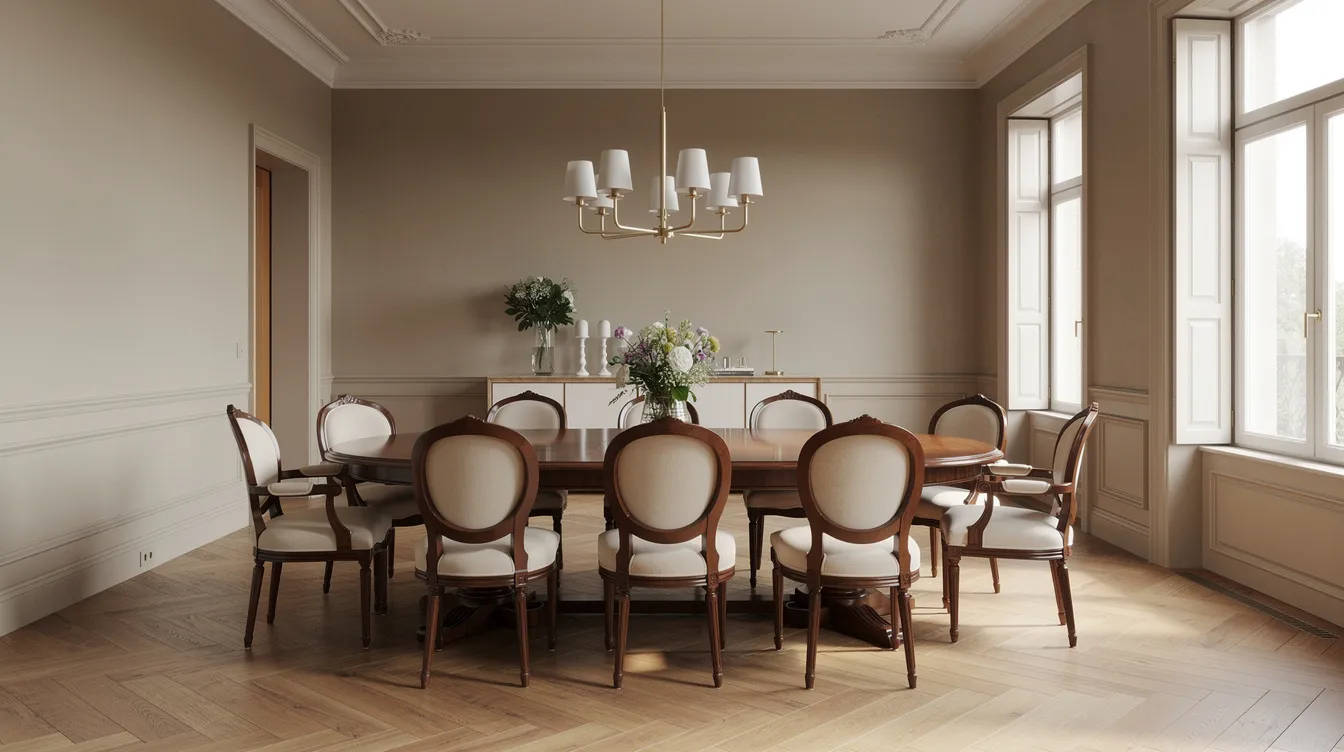 En elegant matsal med klassiska italienska stolar i trä runt ett ovalt bord, som visar prov på italiensk design och hög kvalitet. Rummet utstrålar en stilren atmosfär med fokus på exklusiv inredning och designmöbler.