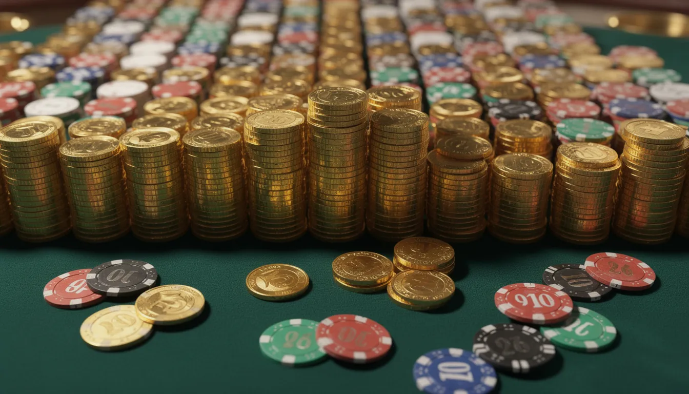 The image features a collection of golden coins and colorful casino chips meticulously arranged on a table, creating a vibrant and enticing scene that captures the essence of a lively gaming atmosphere. This content evokes a sense of excitement, inviting viewers to understand the thrill of a casino setting.