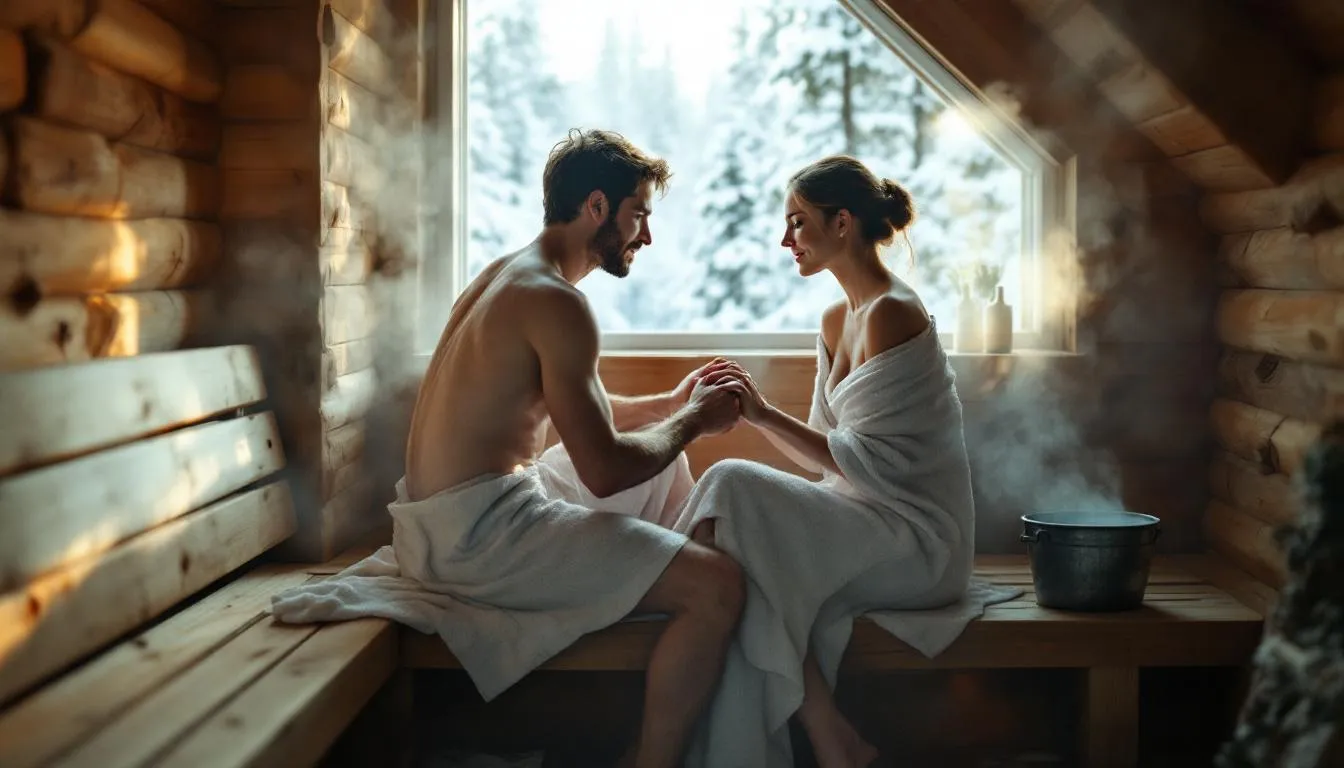 A couple enjoying a special sauna time together, creating lasting memories.
