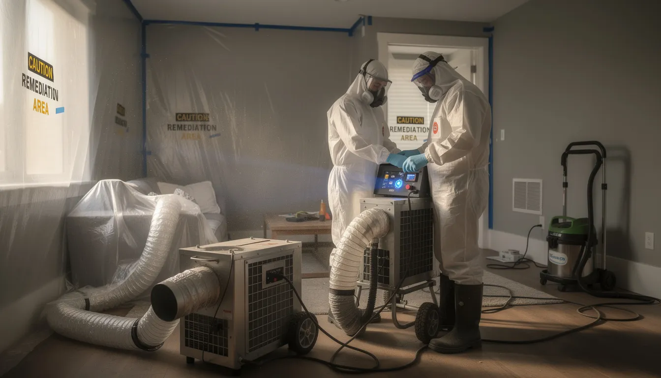 The image shows HEPA air filtration equipment actively operating in a room during a professional remediation process, designed to inhibit mold growth by trapping mold spores and other organic materials. This equipment plays a critical role in maintaining air quality and preventing allergic reactions associated with mold issues and decomposing organic matter.
