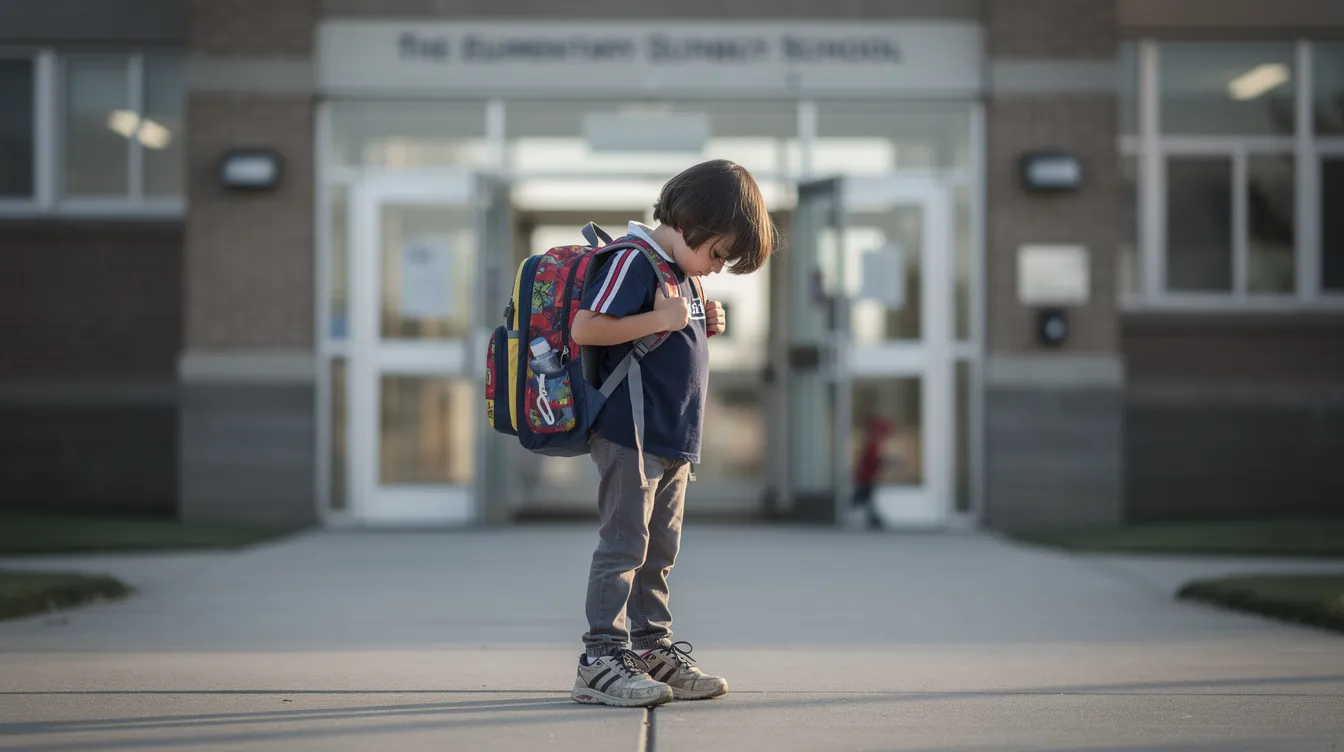 A young child stands hesitantly near the school gate, clutching a backpack and looking down at the ground, embodying the emotional distress often associated with school anxiety and separation anxiety. This scene highlights the challenges many children face when attending school, reflecting the need for professional support to manage their feelings and improve school attendance.