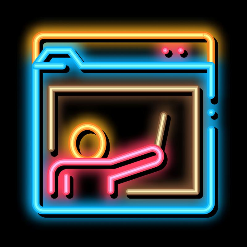 neon outline icon of a person pointing to a screen