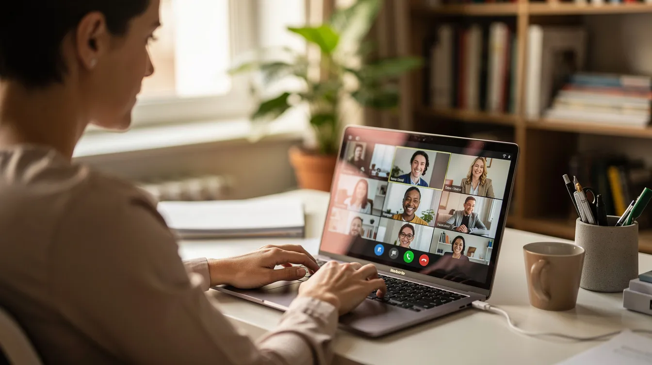 A person is engaged in a video conference call on a laptop, set up in a cozy home office environment, surrounded by books and office supplies. This scene reflects a modern workspace where individuals might discuss various topics, including bankruptcy processes such as chapter 7 and chapter 13 bankruptcy in Wyoming, as well as repayment plans and debtor education.