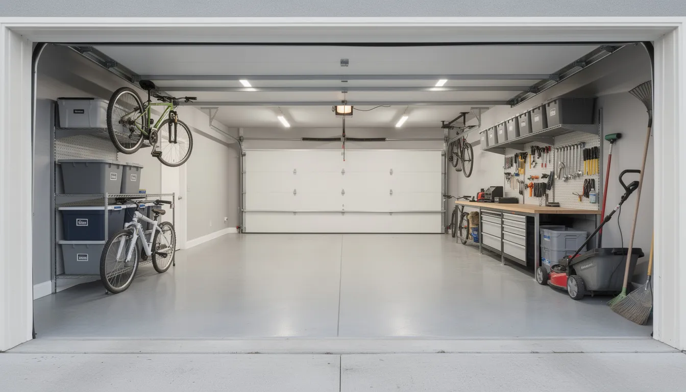 The image depicts a clean and organized garage, showcasing ample space for parking and storage, free of clutter and unwanted items. This tidy environment highlights the benefits of professional junk removal services, allowing homeowners to enjoy a stress-free and efficient space.