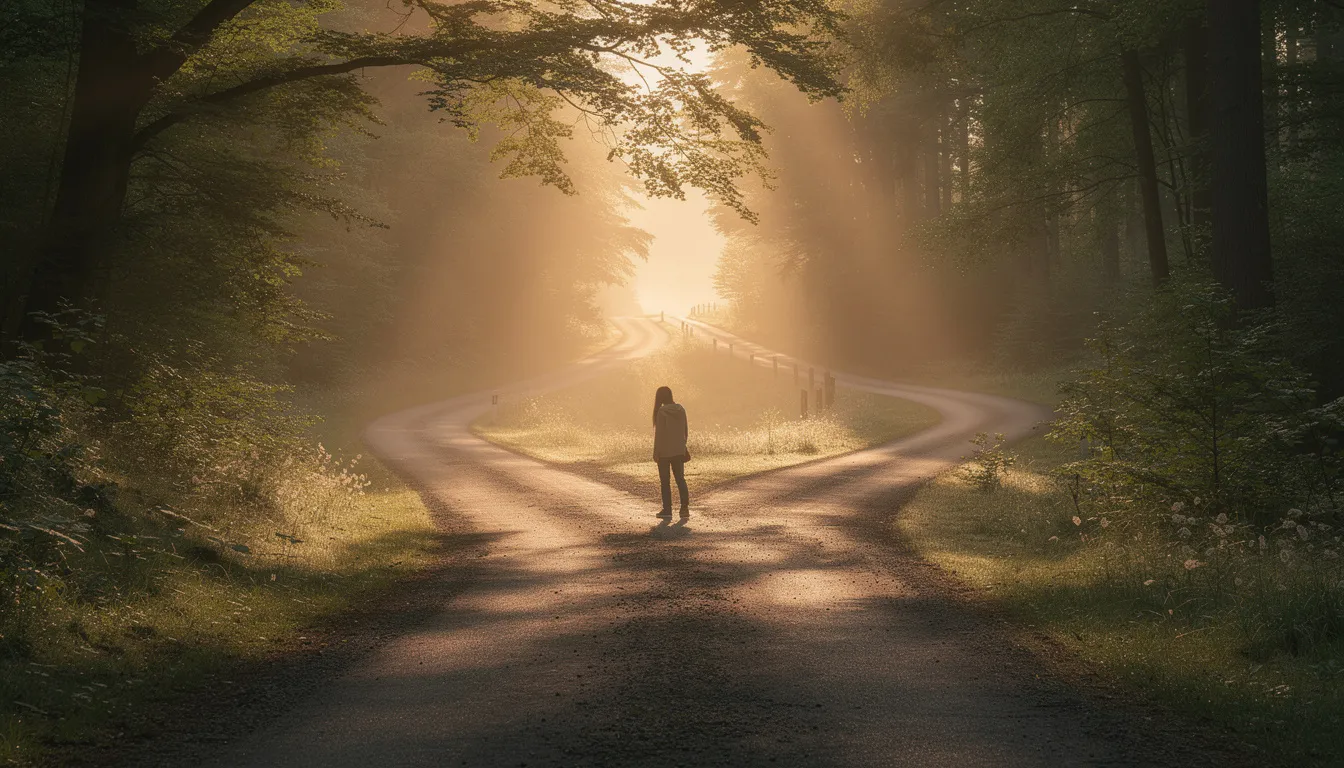 A person stands at a fork in a forest road at sunrise, contemplating two paths that symbolize choices in life. This moment reflects the challenge of overcoming fear of failure and the importance of taking risks to embrace personal growth.