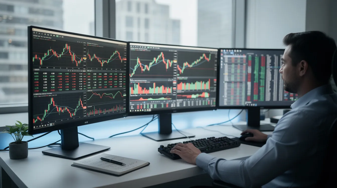 A professional forex trader is intently analyzing multiple monitors displaying various currency pairs and market data. The setup illustrates the complexity of forex trading, highlighting the importance of risk management strategies and leverage in forex trading to control substantial market positions.
