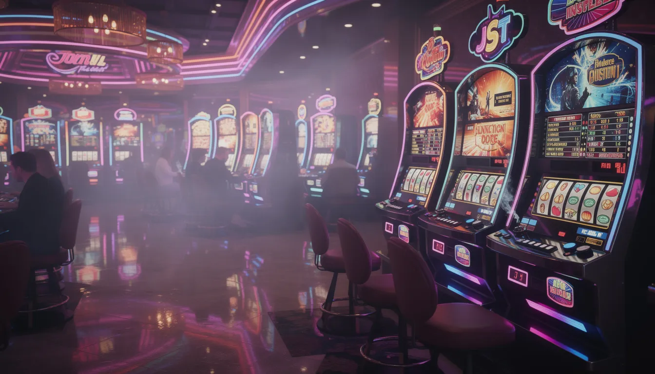 En färgglad och neonupplyst casinomiljö med spelautomater i fokus, där livliga färger skapar en energisk atmosfär. Denna plats, inspirerad av Vegas, erbjuder ett brett utbud av spel och bonusar för nya spelare.