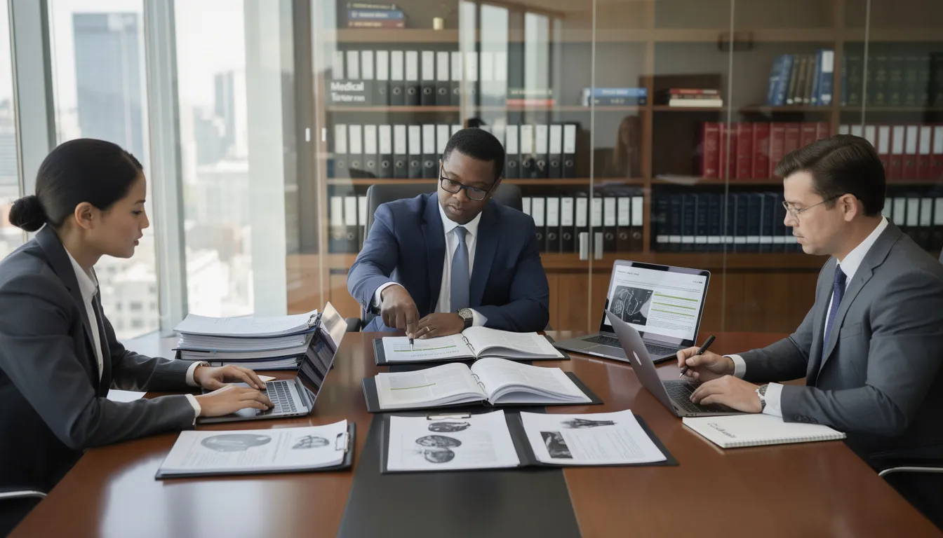 A legal team is seen carefully reviewing medical records and case documents related to traumatic brain injury cases, emphasizing the importance of thorough investigation for brain injury victims seeking fair compensation. The environment conveys professionalism and focus, highlighting the expertise of experienced attorneys in personal injury law.